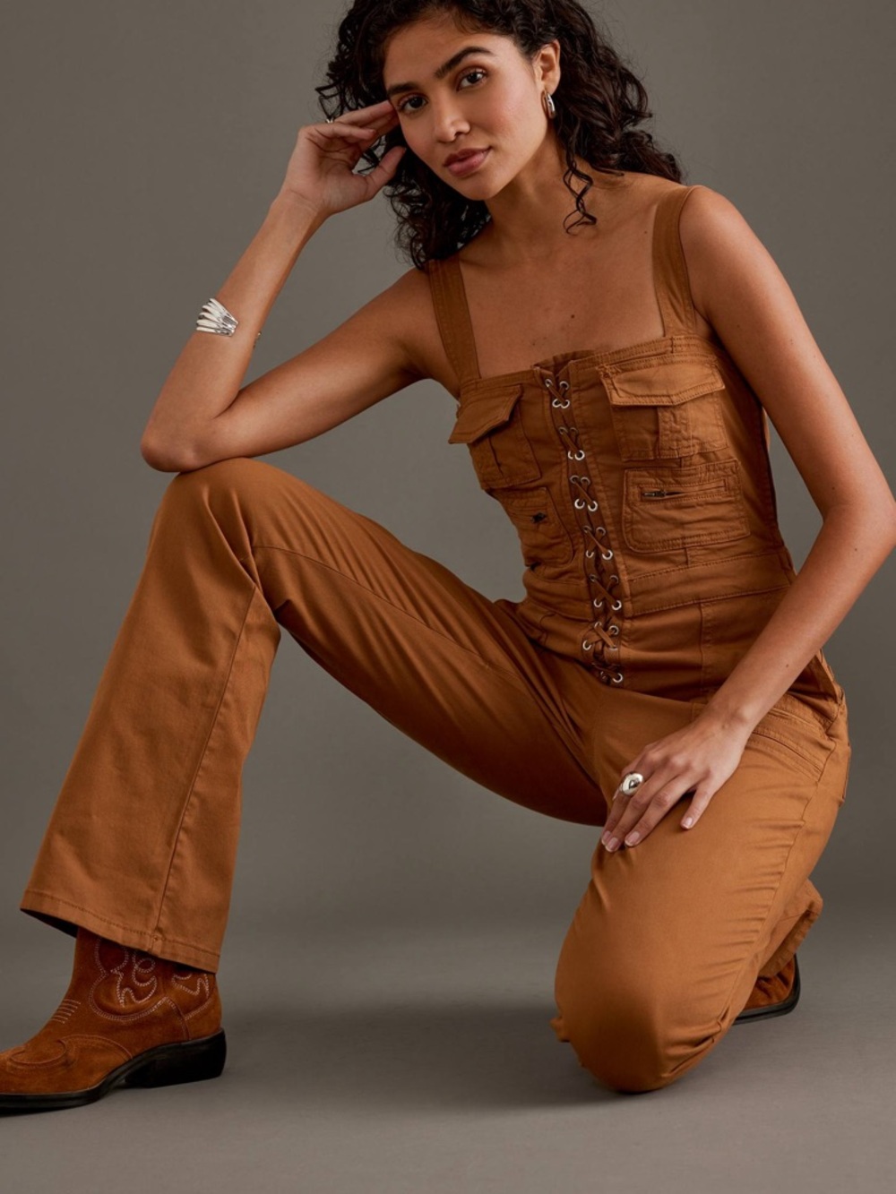 Good American Utility Lace-Up Jumpsuit in Cameo NWT X Small /0 MSRP $229